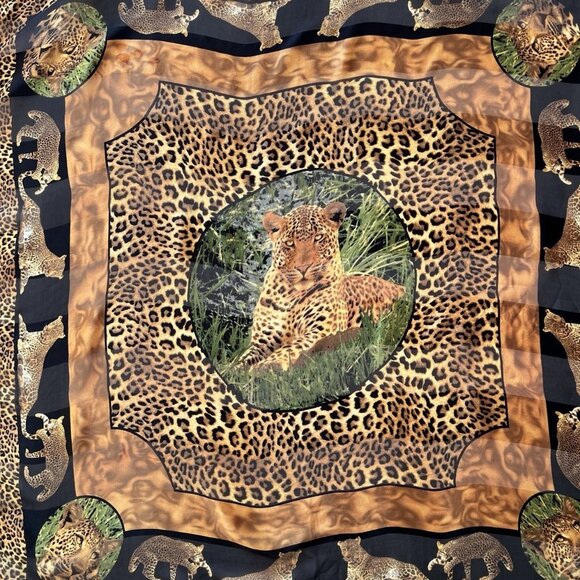 Leopard Silk Scarf Animal Print Square Safari 33" x 33" Bordered Hand Rolled Hem - Picture 12 of 12